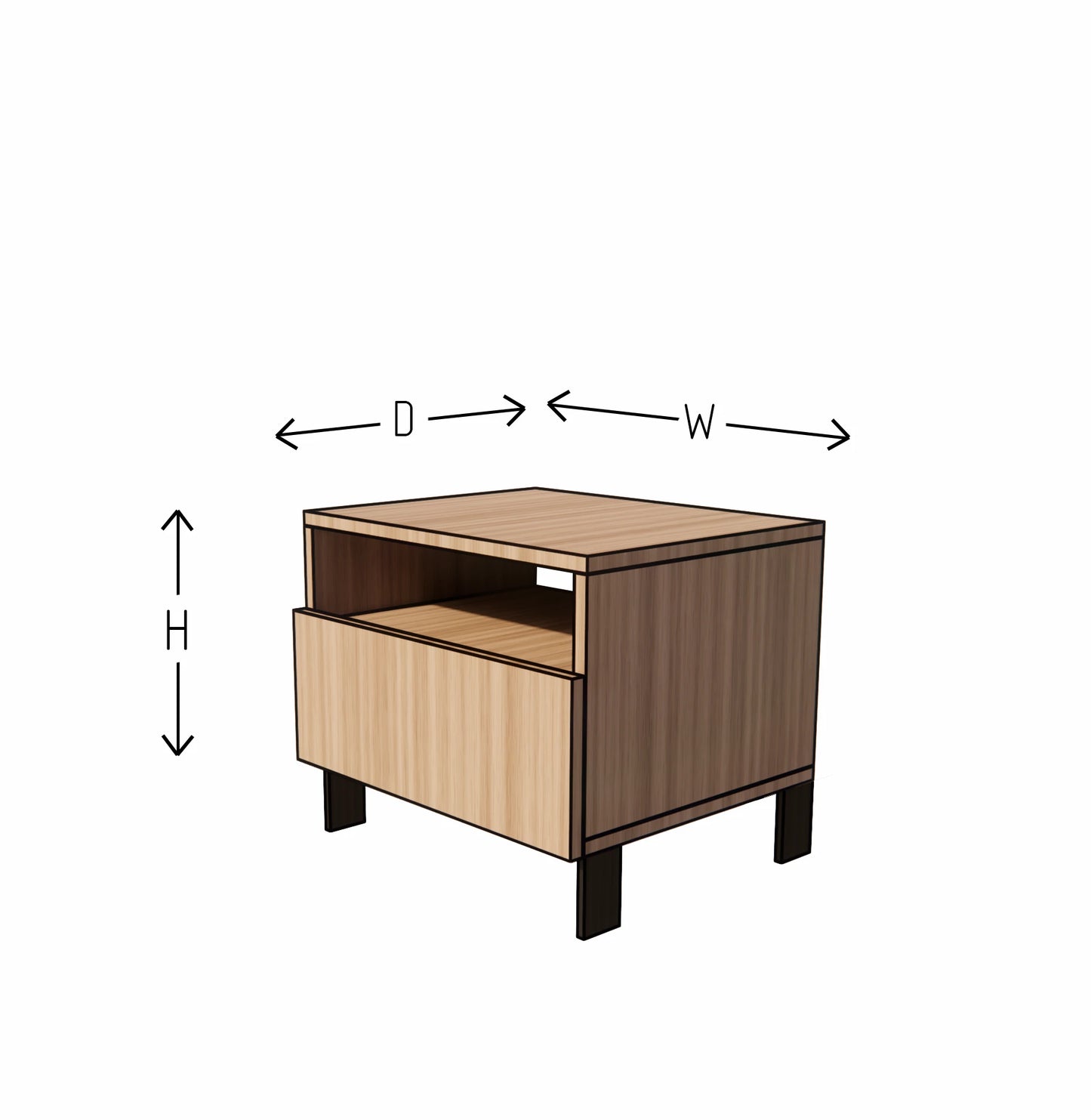Wooden side table with dimensions labeled on a white background