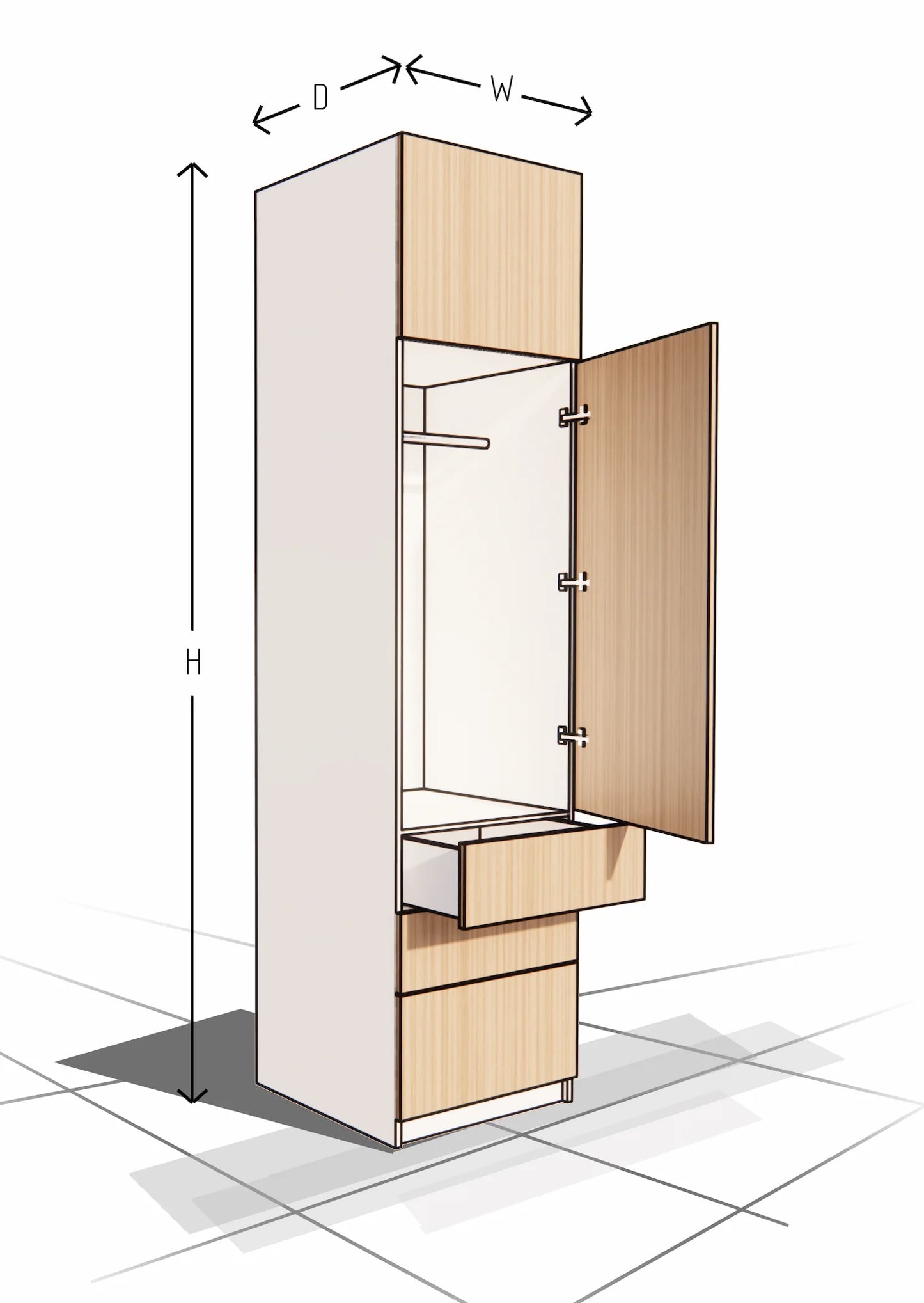 Cabinetry with open doors and dimensions labeled on a white background
