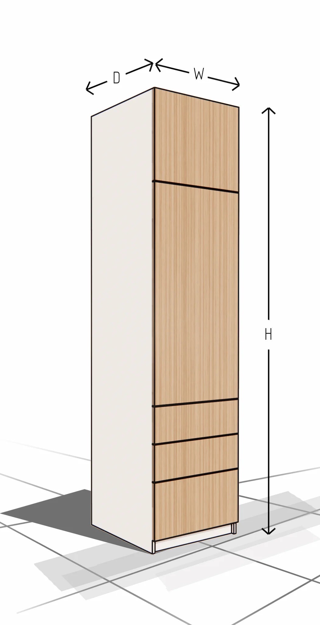 Cabinetry with dimensions labeled on a white background