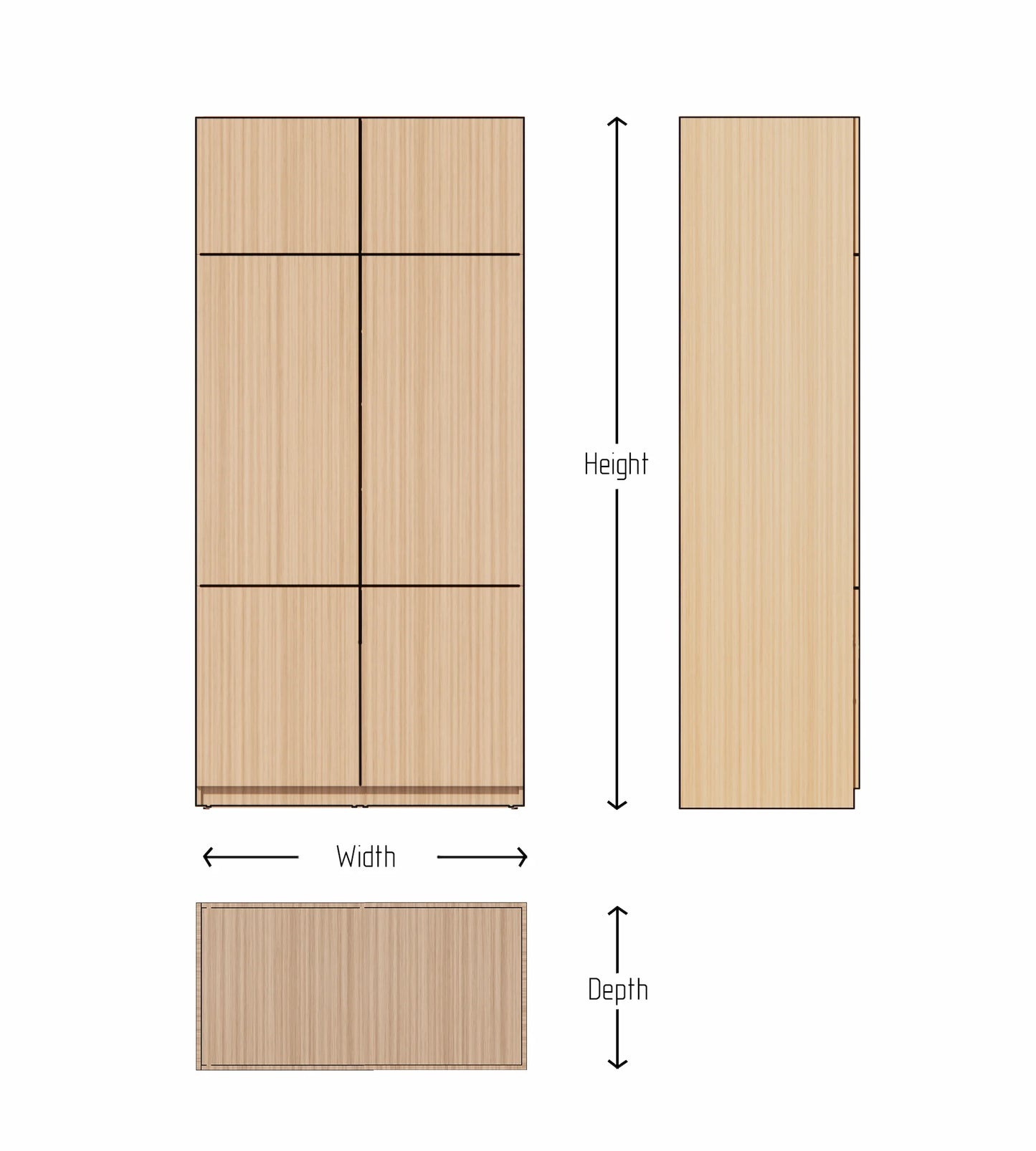 Wooden wardrobe with dimensions labeled on a white background