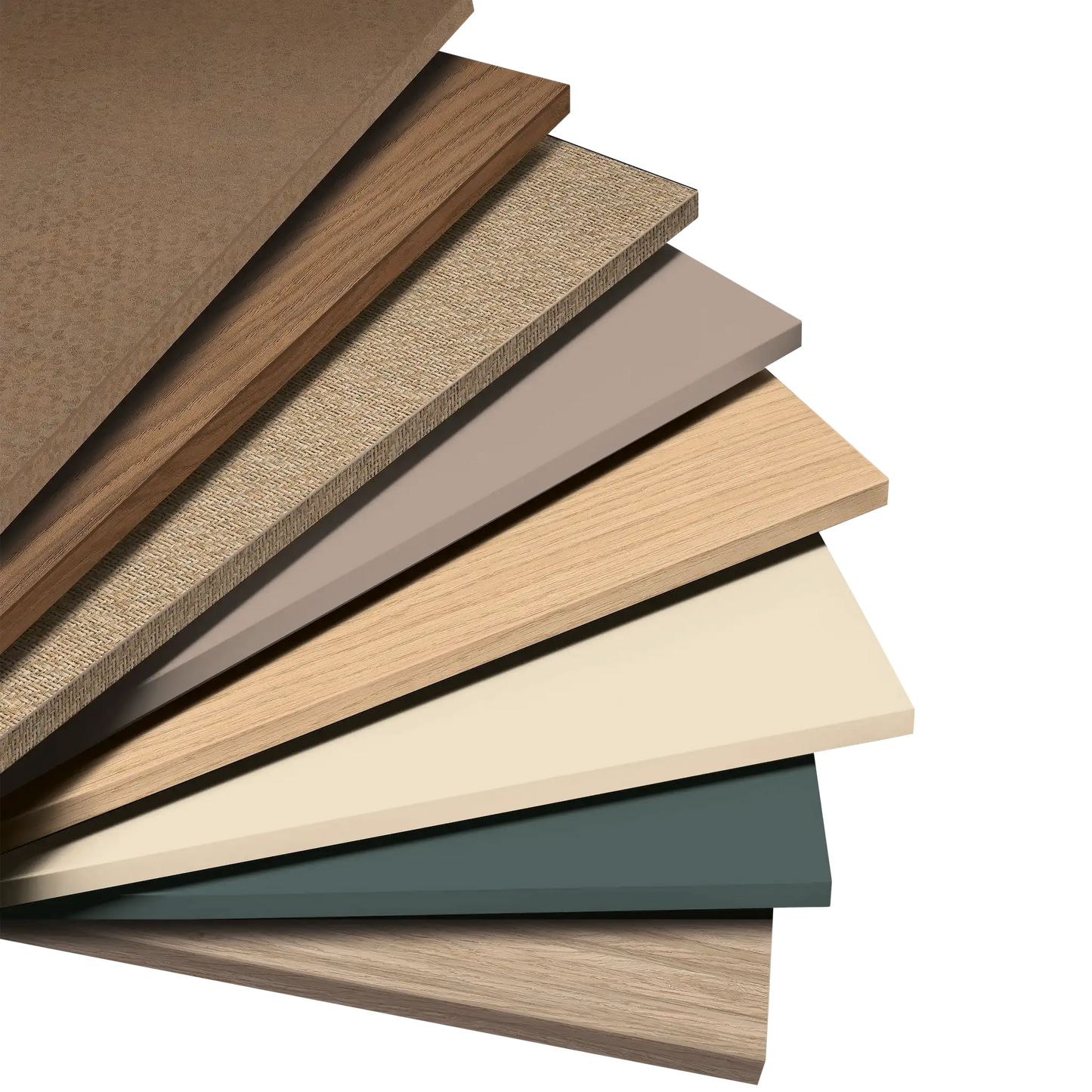 Stack of wooden samples in various colors on a white background