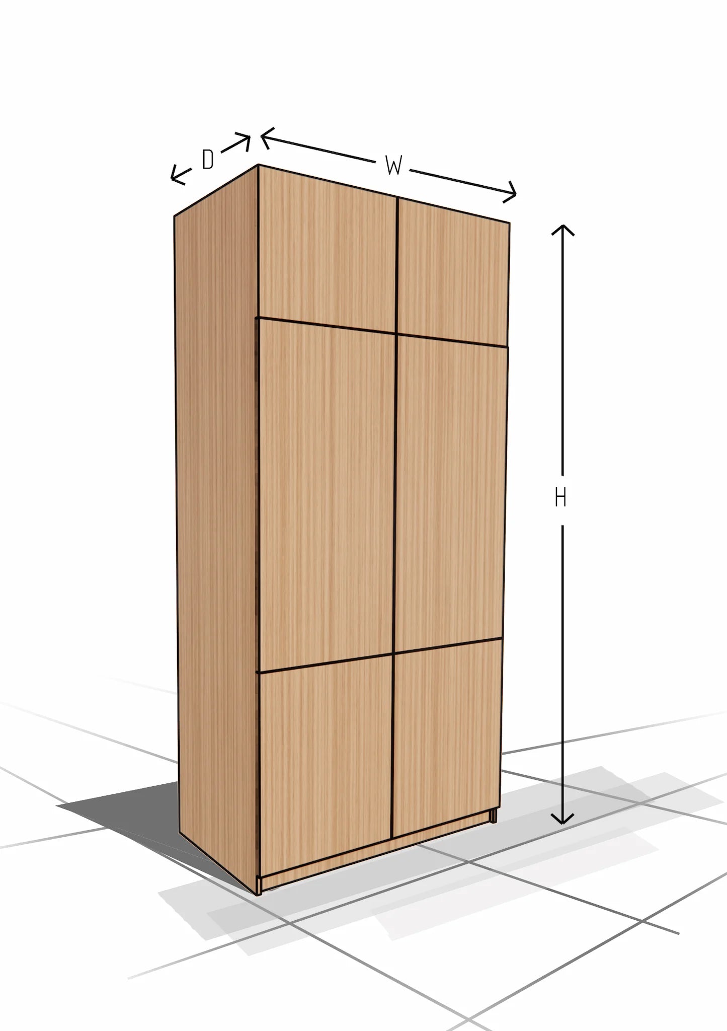 Wooden wardrobe with dimensions labeled on a white background