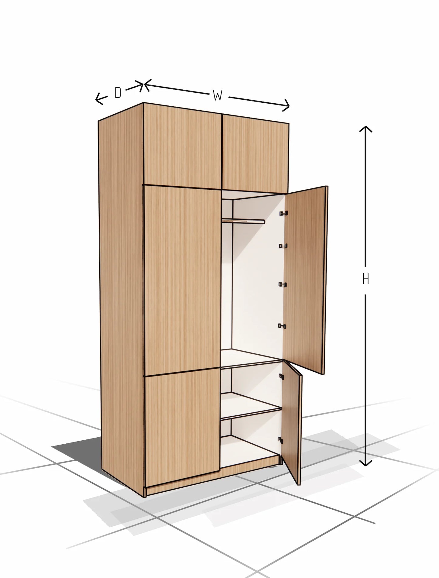 Wooden wardrobe with open doors showing internal shelves, with dimensions labeled on a white background.