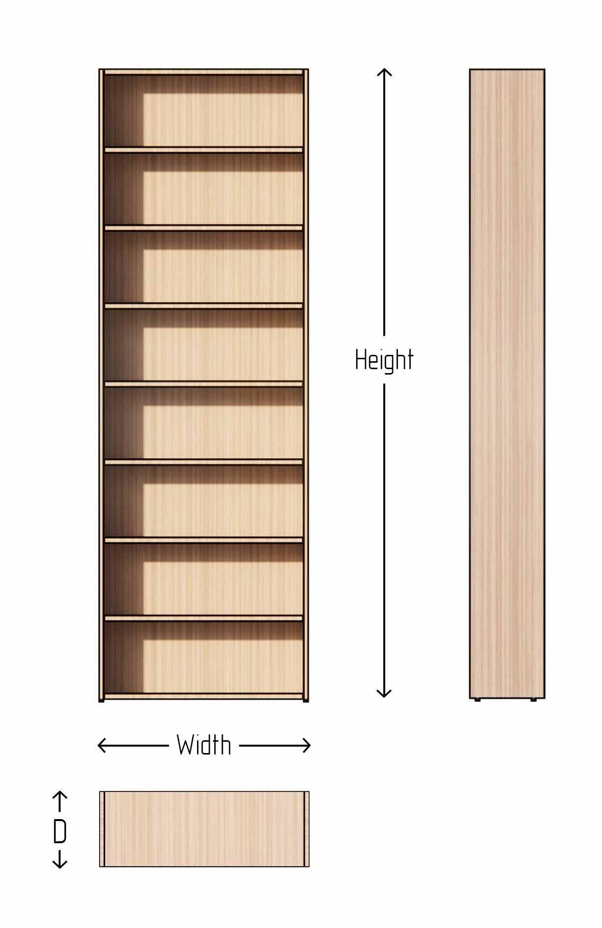 Wooden bookshelf with measurements labeled on a white background