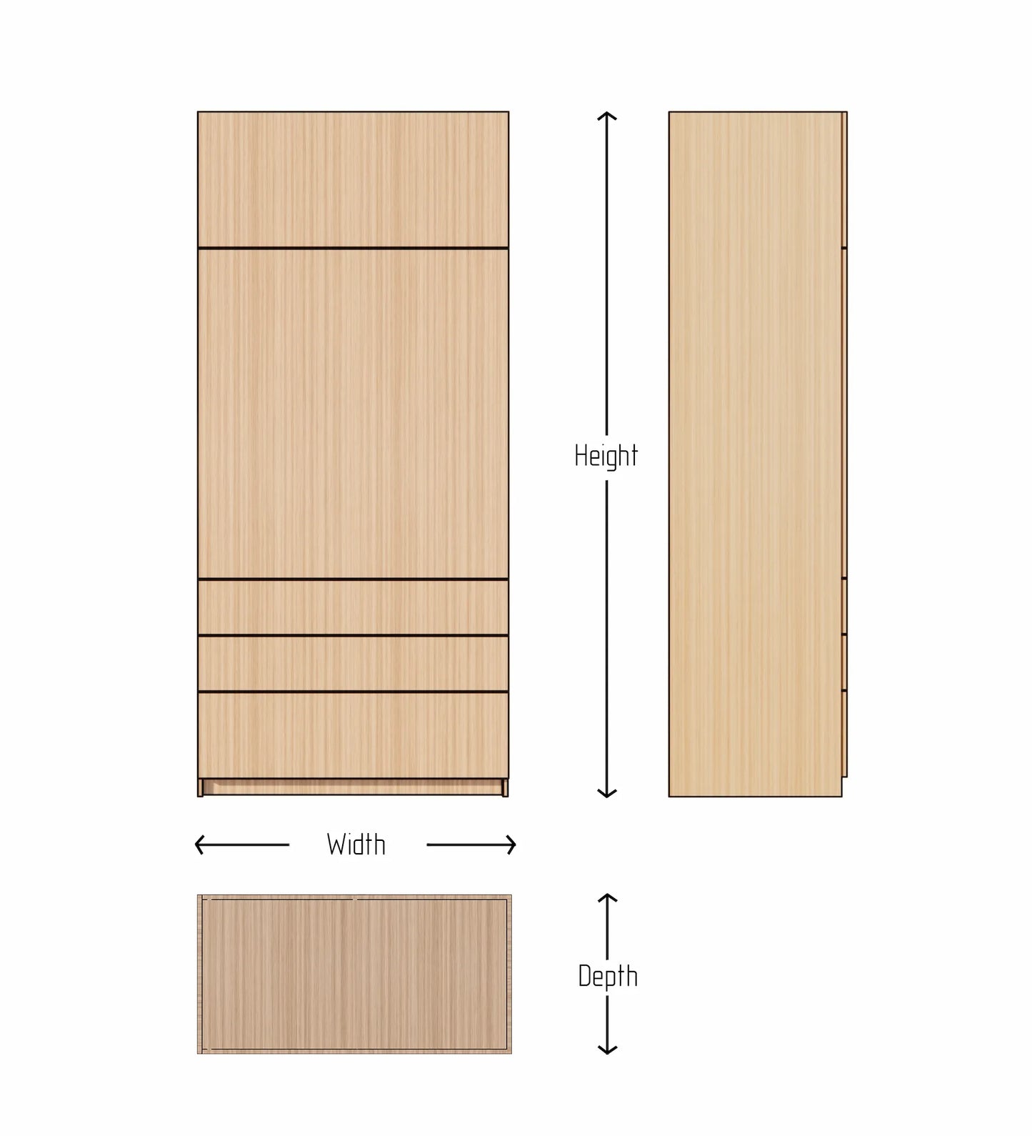 Dimensions of a wooden cabinet with labeled height, width, and depth.