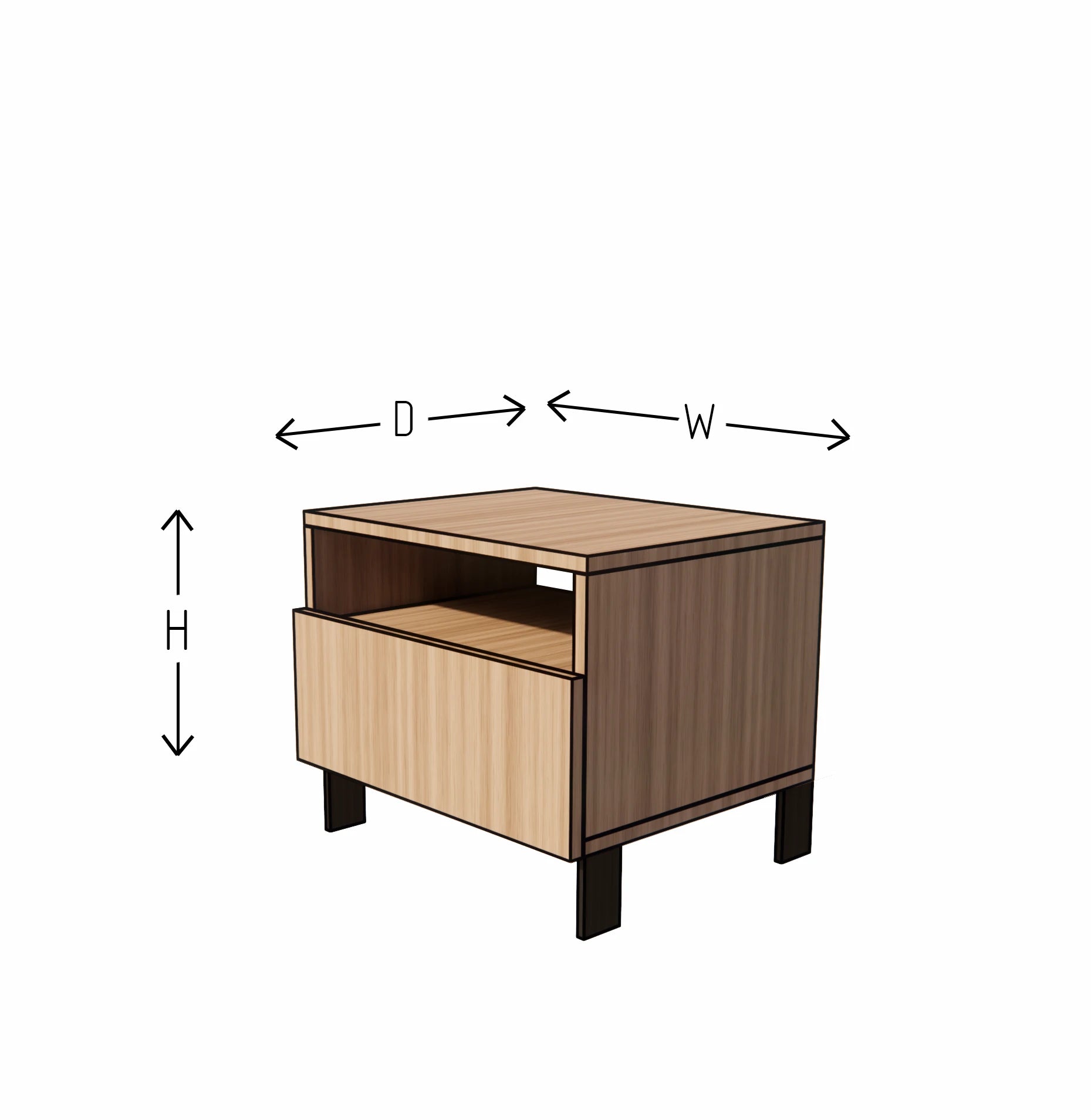 Wooden side table with dimensions labeled on a white background