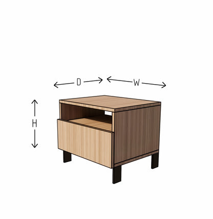 Wooden side table with dimensions labeled on a white background