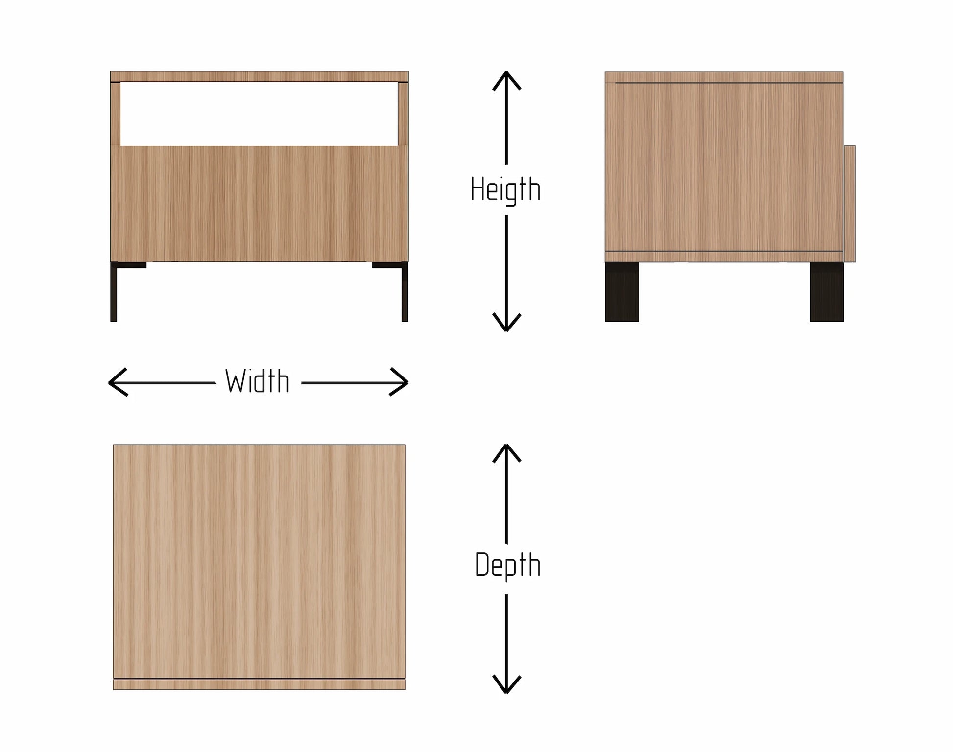Diagram showing dimensions of a wooden piece of furniture with labels for height, width, and depth.