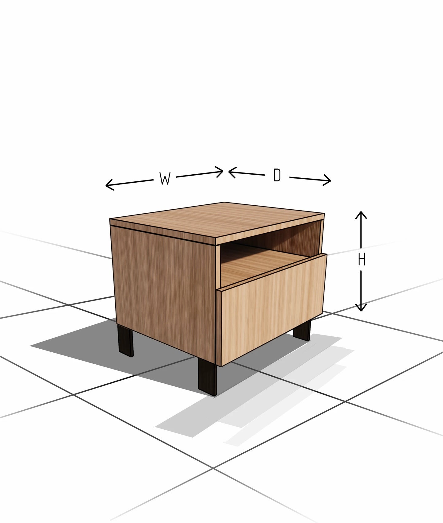 Wooden nightstand with dimensions labeled on a white background