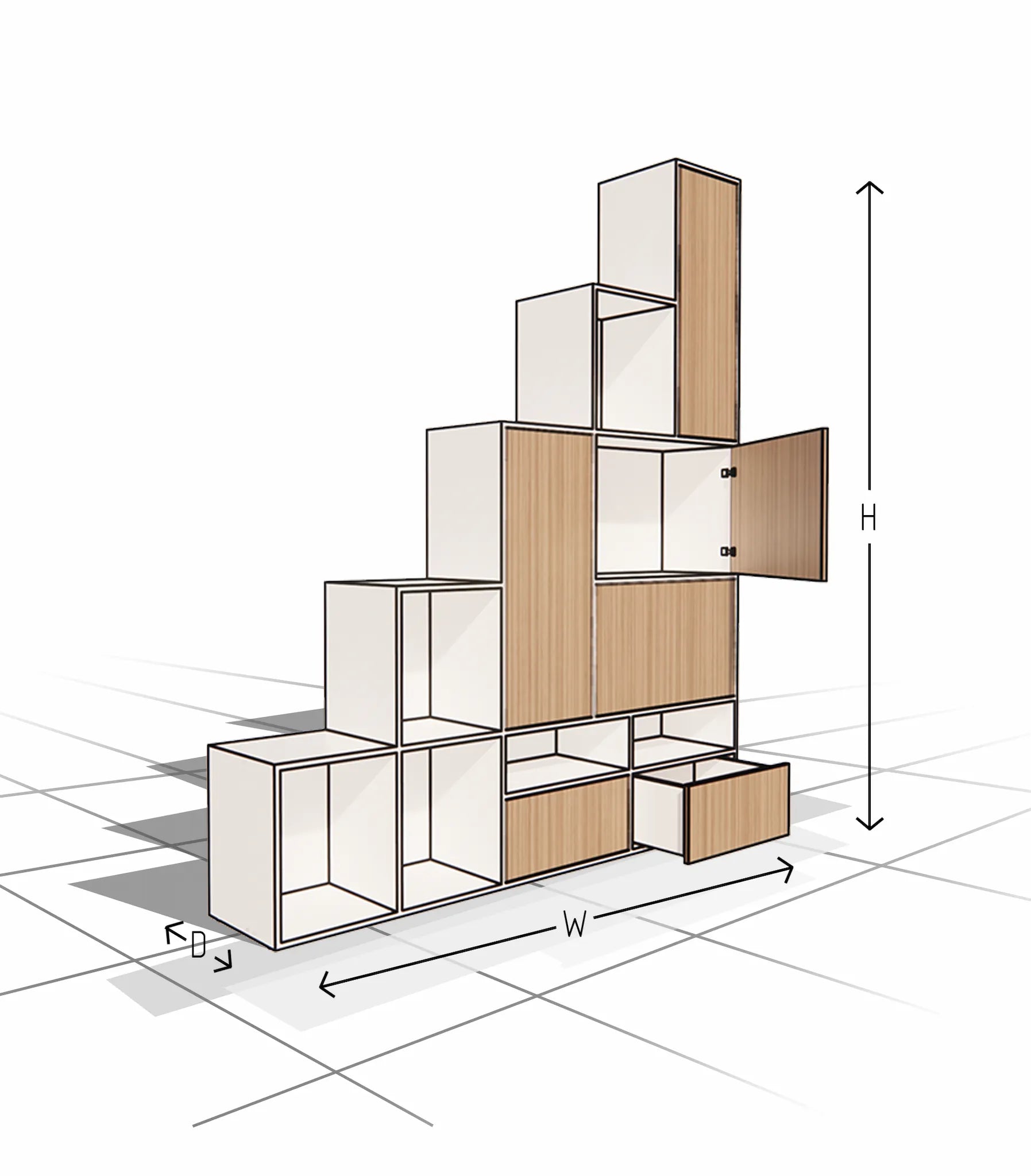 3D model of a modern storage unit with dimensions labeled on a grid background