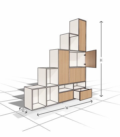 3D model of a modern storage unit with dimensions labeled on a grid background