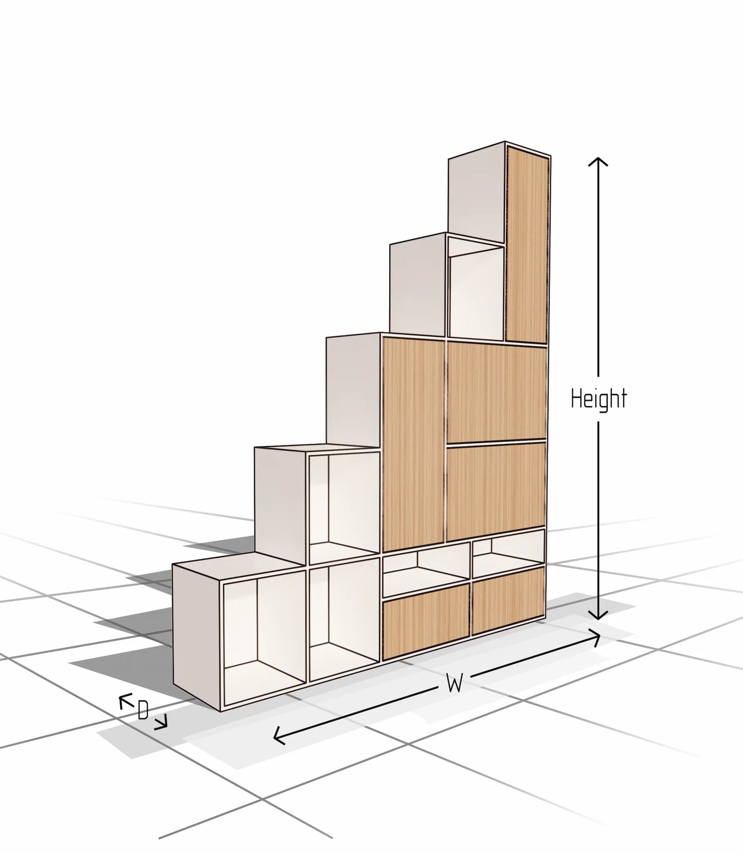 3D architectural model of a building with dimensions labeled on a grid background