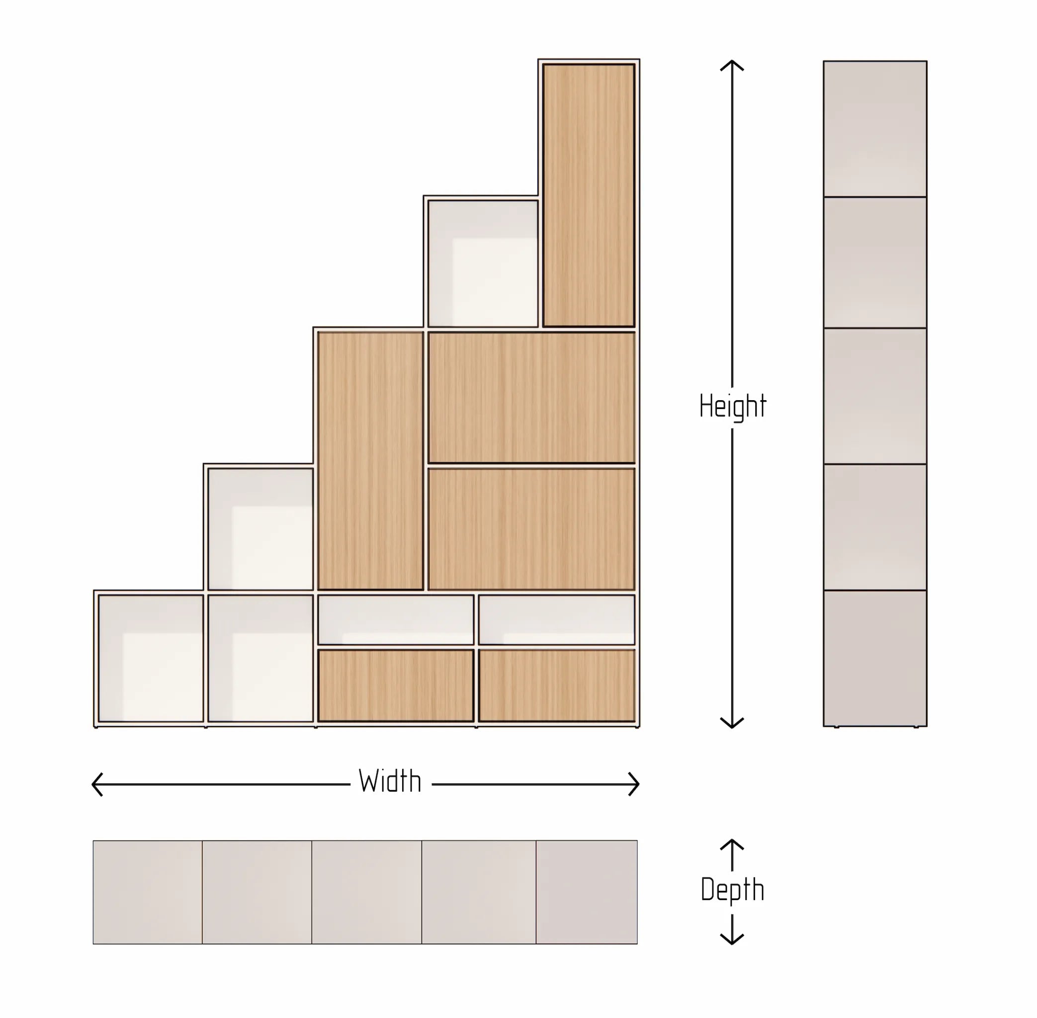 Diagram showing dimensions of a cabinet with labeled height, width, and depth.