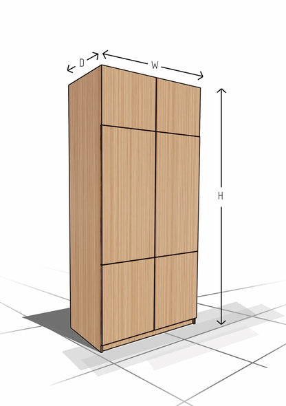 Wooden wardrobe with dimensions labeled on a white background