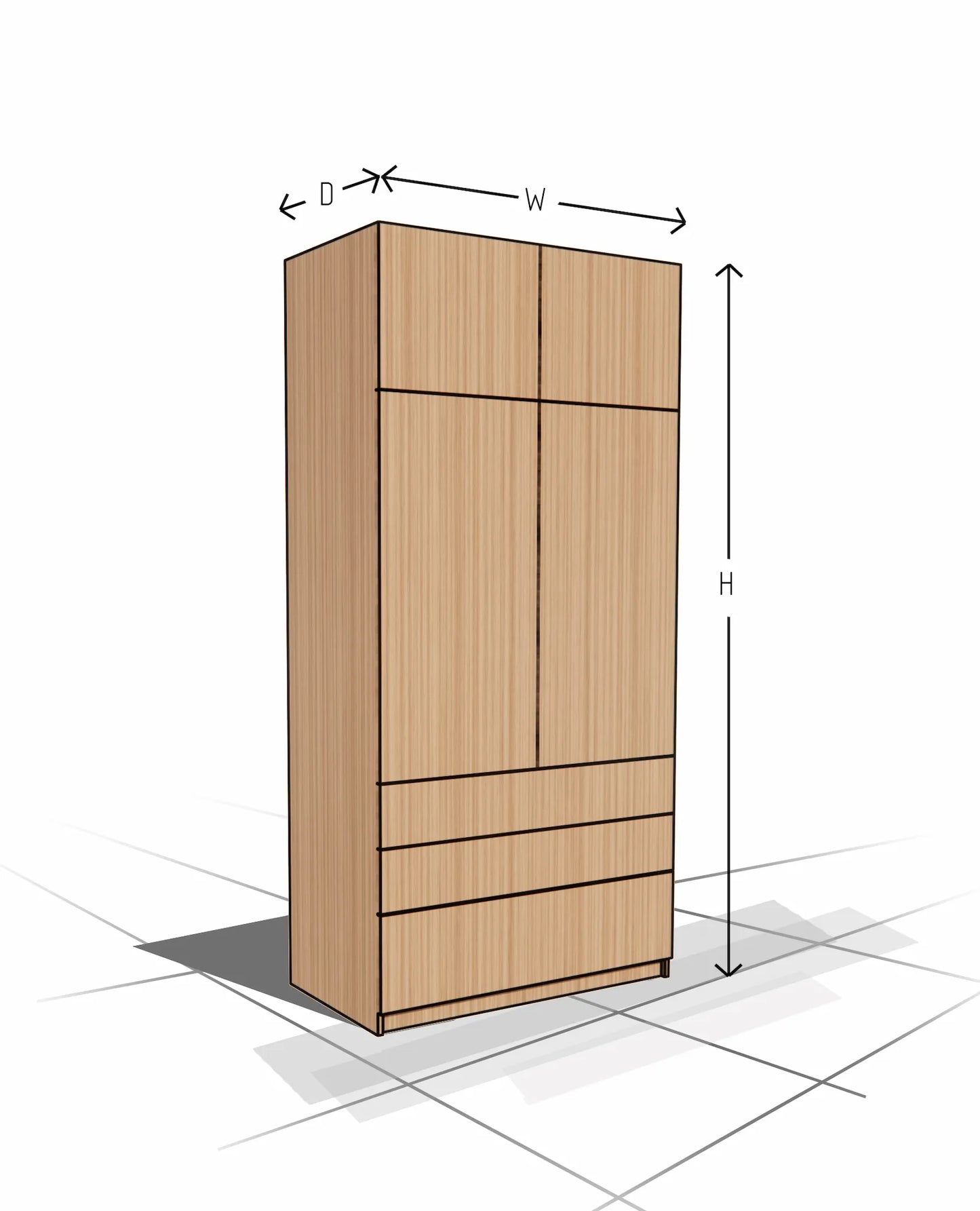 Wooden wardrobe with dimensions labeled on a white background
