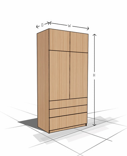 Wooden wardrobe with dimensions labeled on a white background