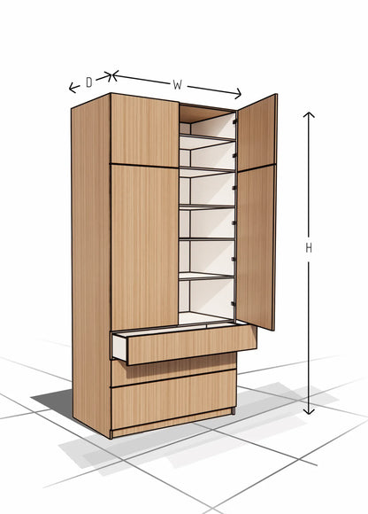 Wooden wardrobe with dimensions labeled on a white background