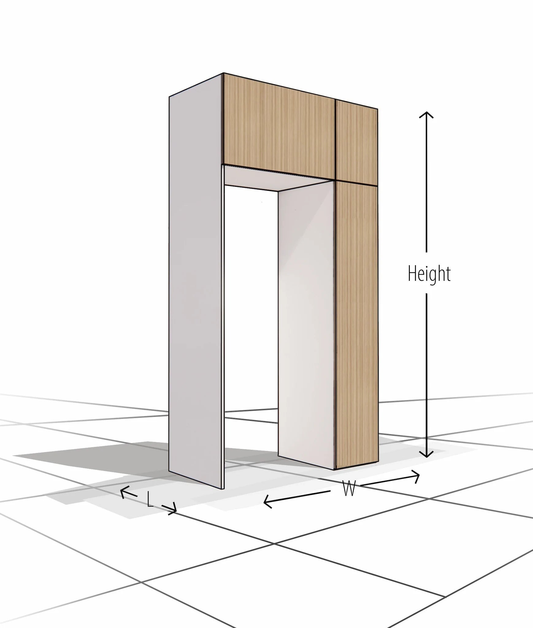 3D model of a cabinet with dimensions labeled on a grid background