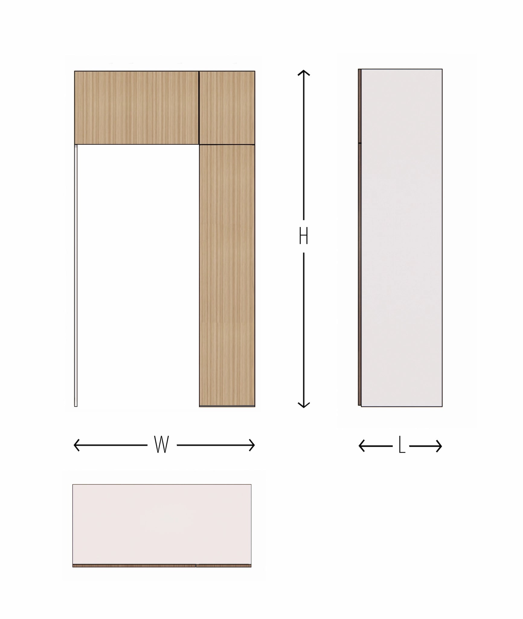Measurement chart for a piece of furniture with dimensions labeled W, H, and L.