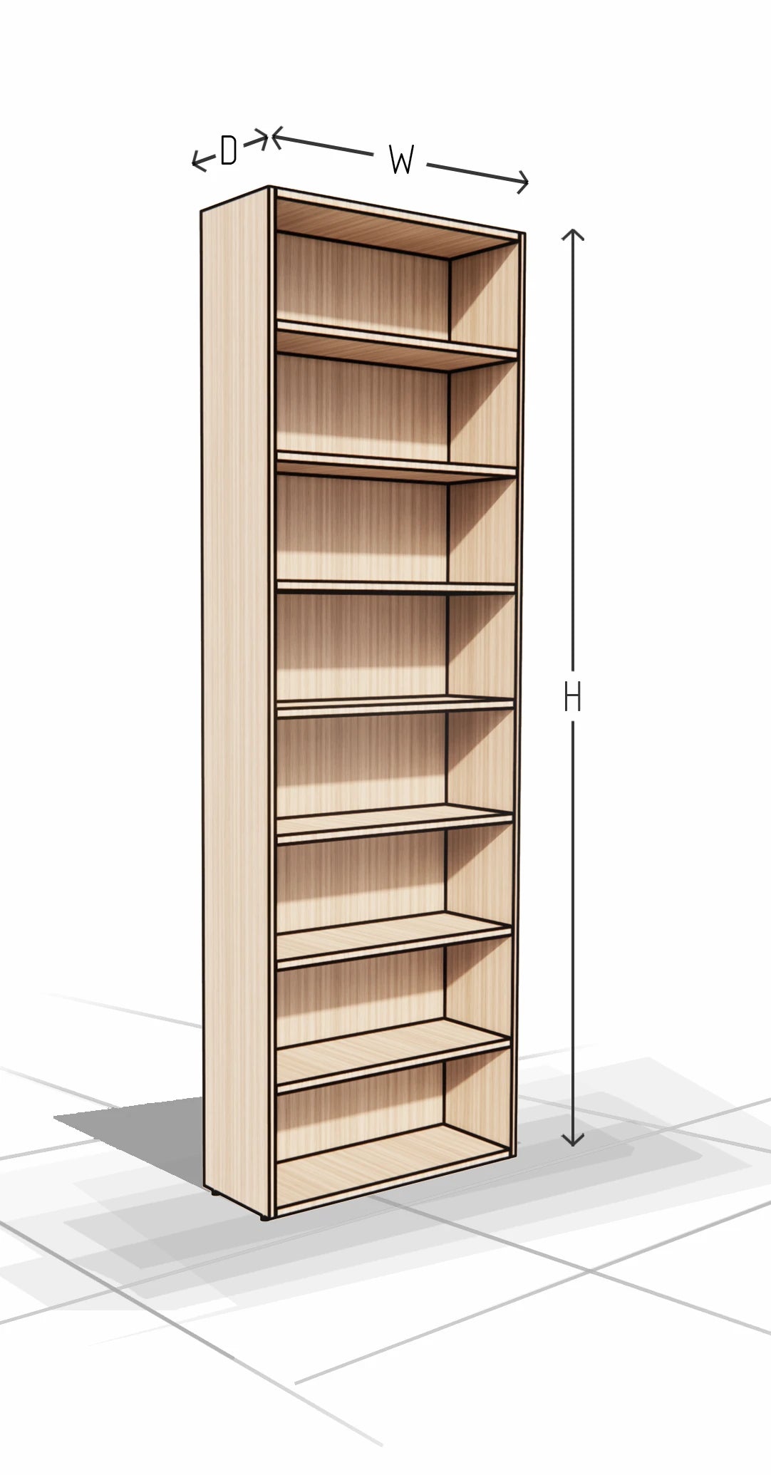 Wooden bookshelf with dimensions labeled on a white background